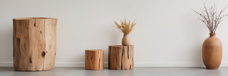 Minimalist living room interior design with wooden boxes, vases and plantsの素材