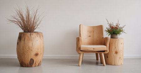 Wooden chair and vase with flowers in the living room.の素材