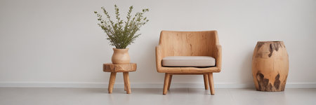 Modern living room interior with wooden armchair and plant in vaseの素材