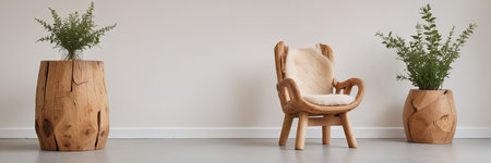 Modern living room interior with wooden armchair and plant, panoramaの素材