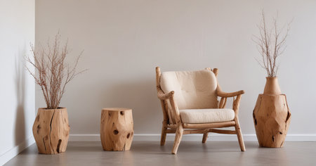 Modern living room interior with wooden armchair and vase with dried flowersの素材