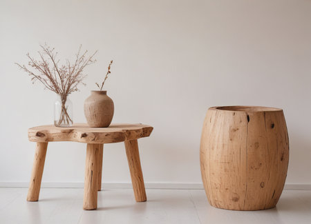 Interior of modern living room with wooden table and vase with dried flowersの素材