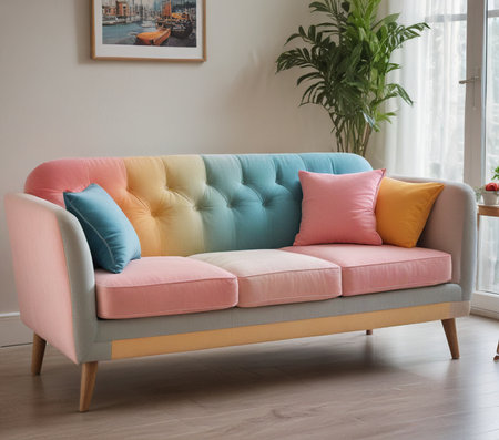 interior of living room with sofa and colorful pillows, nobodyの素材
