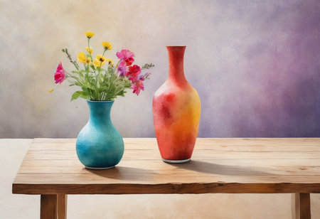 Vase and vase with colorful flowers on wooden table over grunge backgroundの素材