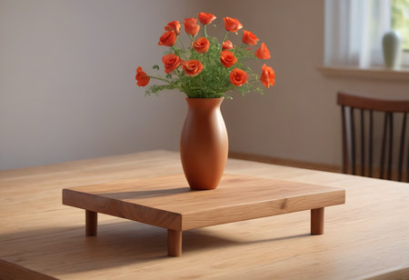 Vase with red poppies on wooden table in living roomの素材