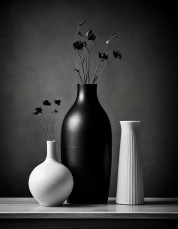 Black and white vase with flowers on a wooden shelf against a dark wallの素材