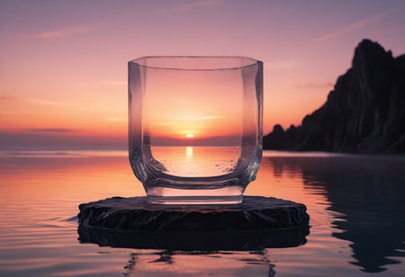 empty glass on the stone in the sea with sunset sky background.の素材