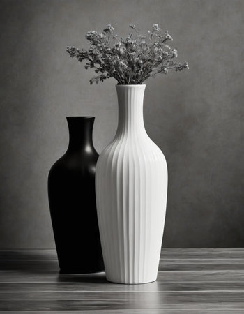 Black and white vase with dry flowers on wooden table. Gray background.の素材