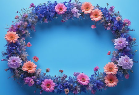 wreath of wildflowers on a blue background, top viewの素材