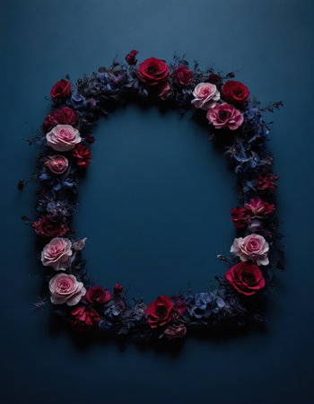 Wreath of red and pink roses on a blue background. Flat lay.の素材
