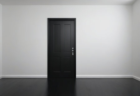 Black door in the empty room. 3d rendering. Computer digital drawing.の素材