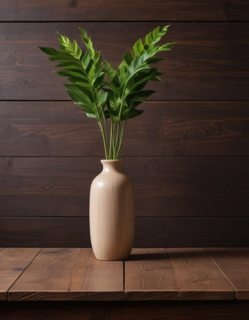 Wooden vase with a plant on a brown wooden background.の素材