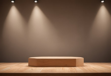 Wooden podium on a brown background with spotlights. 3d renderingの素材