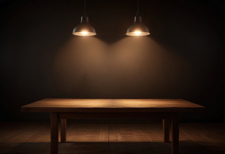 Wooden table and two lamps in a dark room. 3d renderingの素材