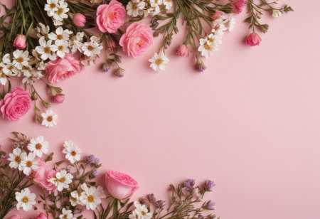 flowers composition. Frame made of pink flowers on pink background. Flat lay, top view, copy spaceの素材