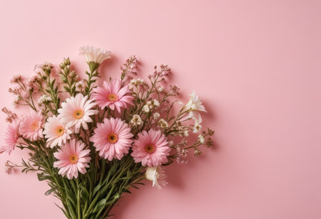 Flowers composition on pink background. Flat lay, top view, copy spaceの素材