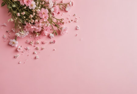 Beautiful pink flowers on a pink background. Flat lay, top view.の素材