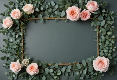 Frame made of eucalyptus and roses on gray backgroundの素材
