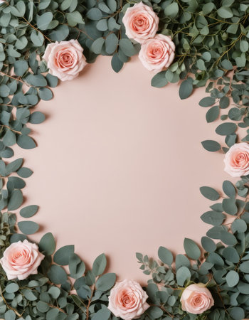 Flowers composition. Frame made of eucalyptus branches, pink roses and eucalyptus leaves on pastel pink background. Flat lay, top view, copy spaceの素材