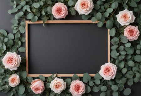 Flowers composition. Frame made of eucalyptus branches and pink roses on black background. Flat lay, top view, copy spaceの素材