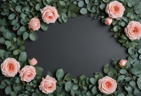 Flowers composition. Frame made of pink roses and eucalyptus branches on gray background. Flat lay, top view, copy spaceの素材