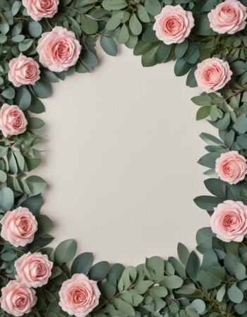 Flowers composition. Frame made of pink roses and eucalyptus branches on white background. Flat lay, top view, copy spaceの素材