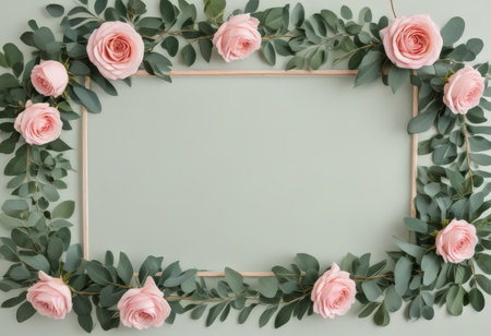 Frame made of pink roses and eucalyptus branches on green background. Flat lay, top view.の素材