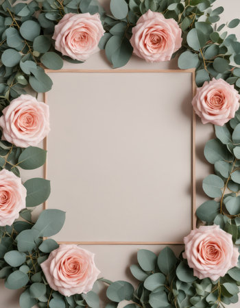 Flowers composition. Frame made of eucalyptus branches, pink roses and eucalyptus leaves. Flat lay, top view, copy spaceの素材