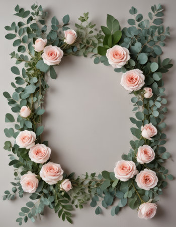 Beautiful floral frame with eucalyptus and roses on gray backgroundの素材