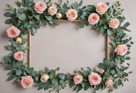 Flowers composition. Frame made of pink roses and eucalyptus branches on gray background. Flat lay, top view, copy spaceの素材