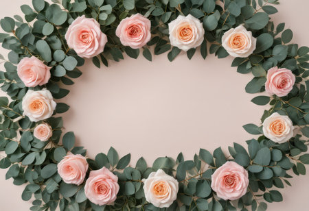 Flowers composition. Frame made of pink roses and eucalyptus branches on pastel beige background. Flat lay, top view, copy spaceの素材