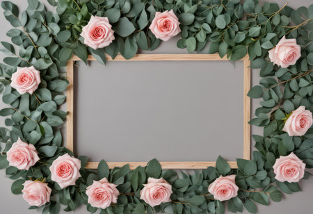 Frame with pink roses and eucalyptus branches on gray backgroundの素材