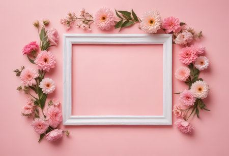 White frame with pink flowers on pink background. Flat lay, top viewの素材