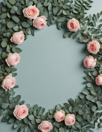 Flowers composition. Frame made of eucalyptus branches and pink roses on pastel blue background. Flat lay, top view, copy spaceの素材