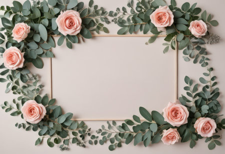 Flowers composition. Frame made of eucalyptus branches, pink roses and eucalyptus leaves on pastel beige background. Flat lay, top view, copy spaceの素材