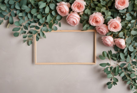 Flowers composition. Frame made of eucalyptus branches and pink roses on gray background. Flat lay, top view, copy spaceの素材