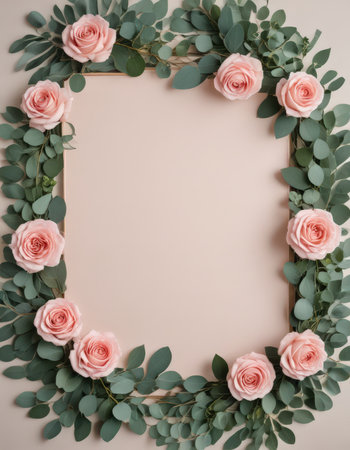 Flowers composition. Frame made of pink roses and eucalyptus branches on beige background. Flat lay, top view, copy spaceの素材