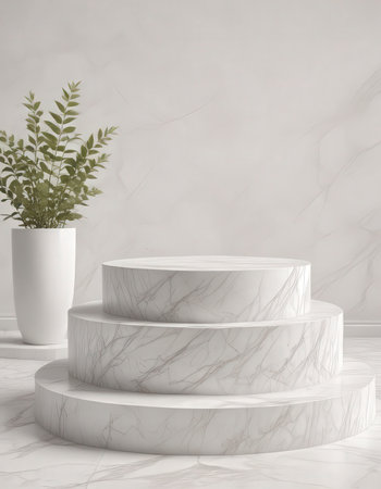 3d render of white marble podium with plant in vase.の素材
