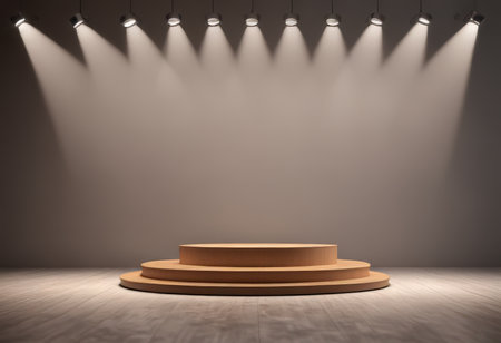 Round podium illuminated by spotlights on wooden floor. 3D renderingの素材
