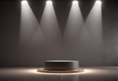 Scene with round podium, illuminated by spotlights. 3d renderの素材