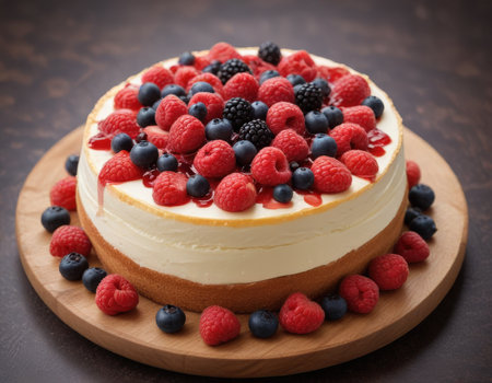 Cheesecake with fresh berries on wooden background. Toned.の素材