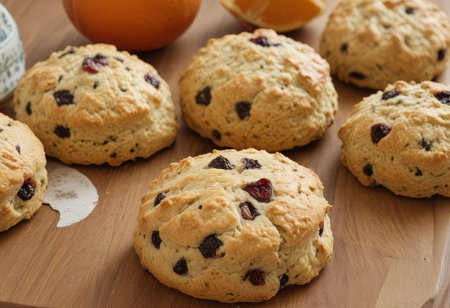 Scones with raisins and cranberries on a wooden boardの素材