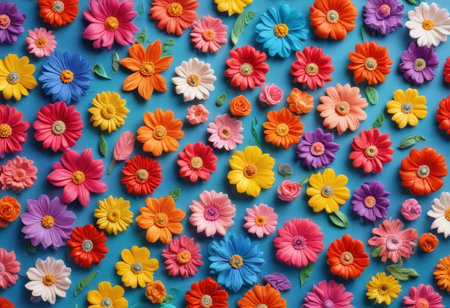 Colorful pattern flowers on blue background. Flat lay, top viewの素材