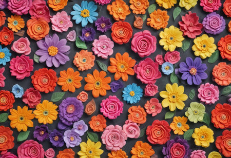 Colorful paper flowers on black background. Flat lay, top viewの素材