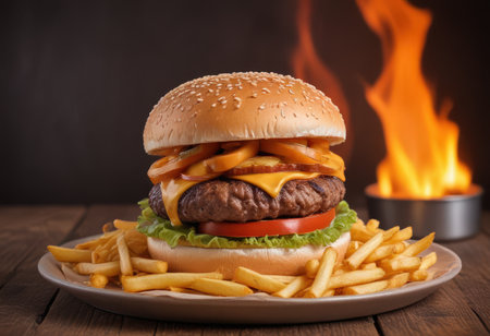 Cheese burger - American cheese burger with Golden French fries on wooden backgroundの素材