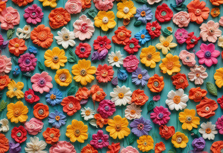 Colorful paper flowers on a turquoise background, top viewの素材