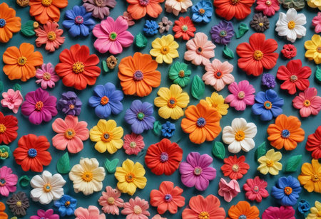 Colorful paper flowers on blue background. Top view. Flat lay.の素材