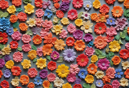Colorful paper flowers as background, top view, copy space.の素材