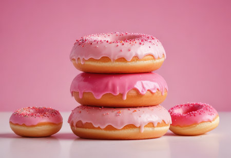 Delicious pink donuts on white table against pink background, closeupの素材