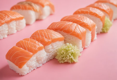 Japanese food, salmon sushi on a pink background, close-upの素材